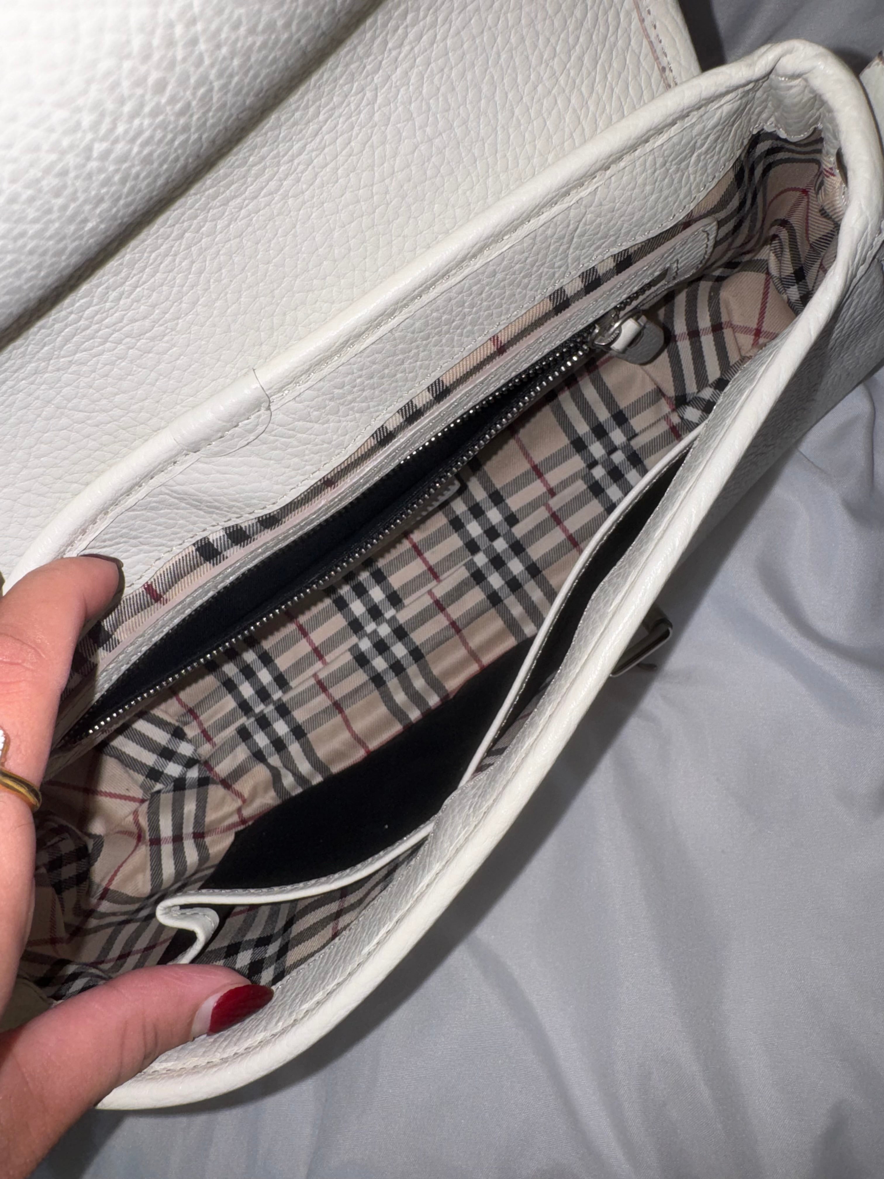 Burberry White Pebbled Leather Flap Shoulder Bag