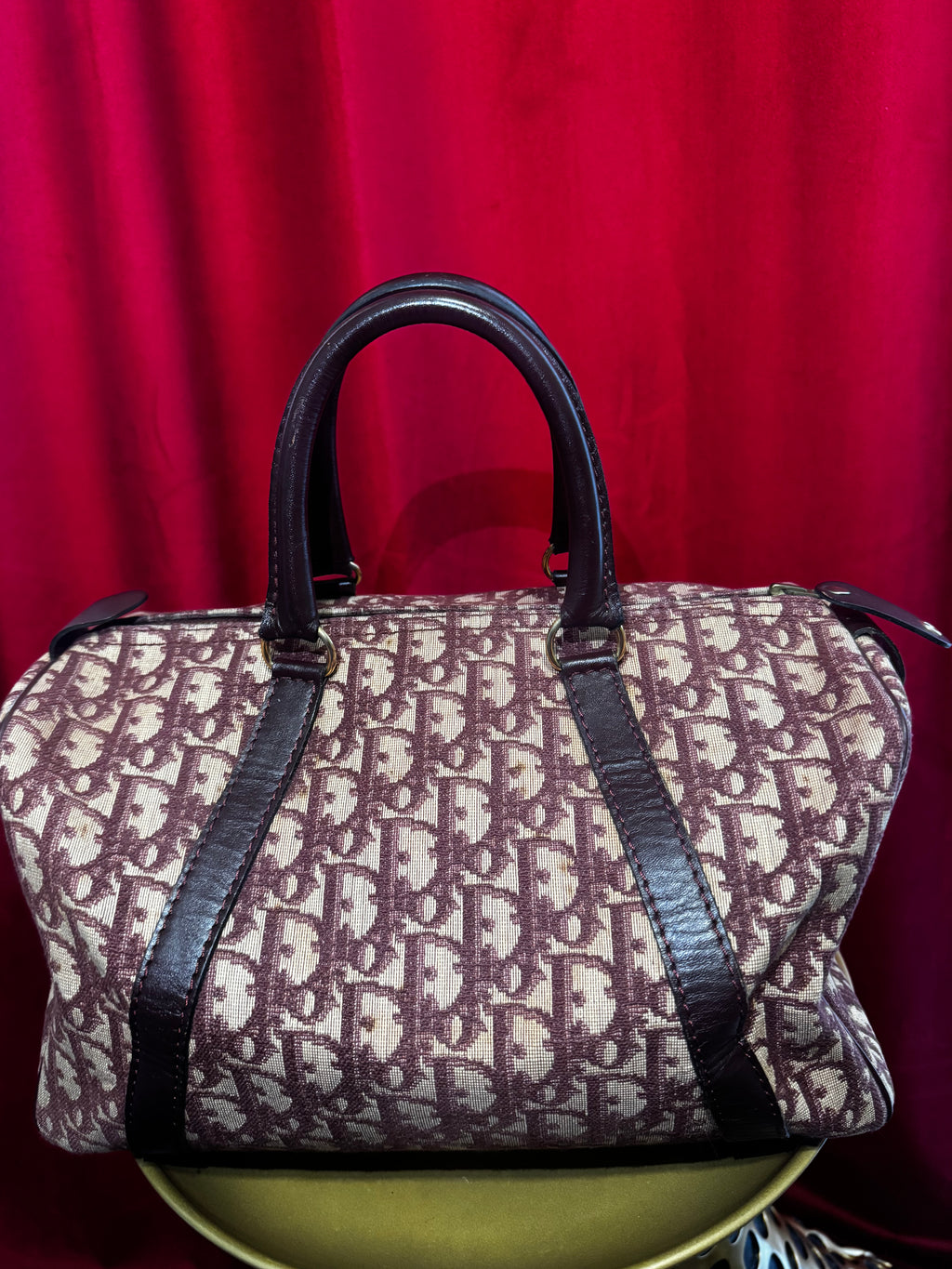 Vintage Dior Oblique Canvas Boston Bag in Burgundy