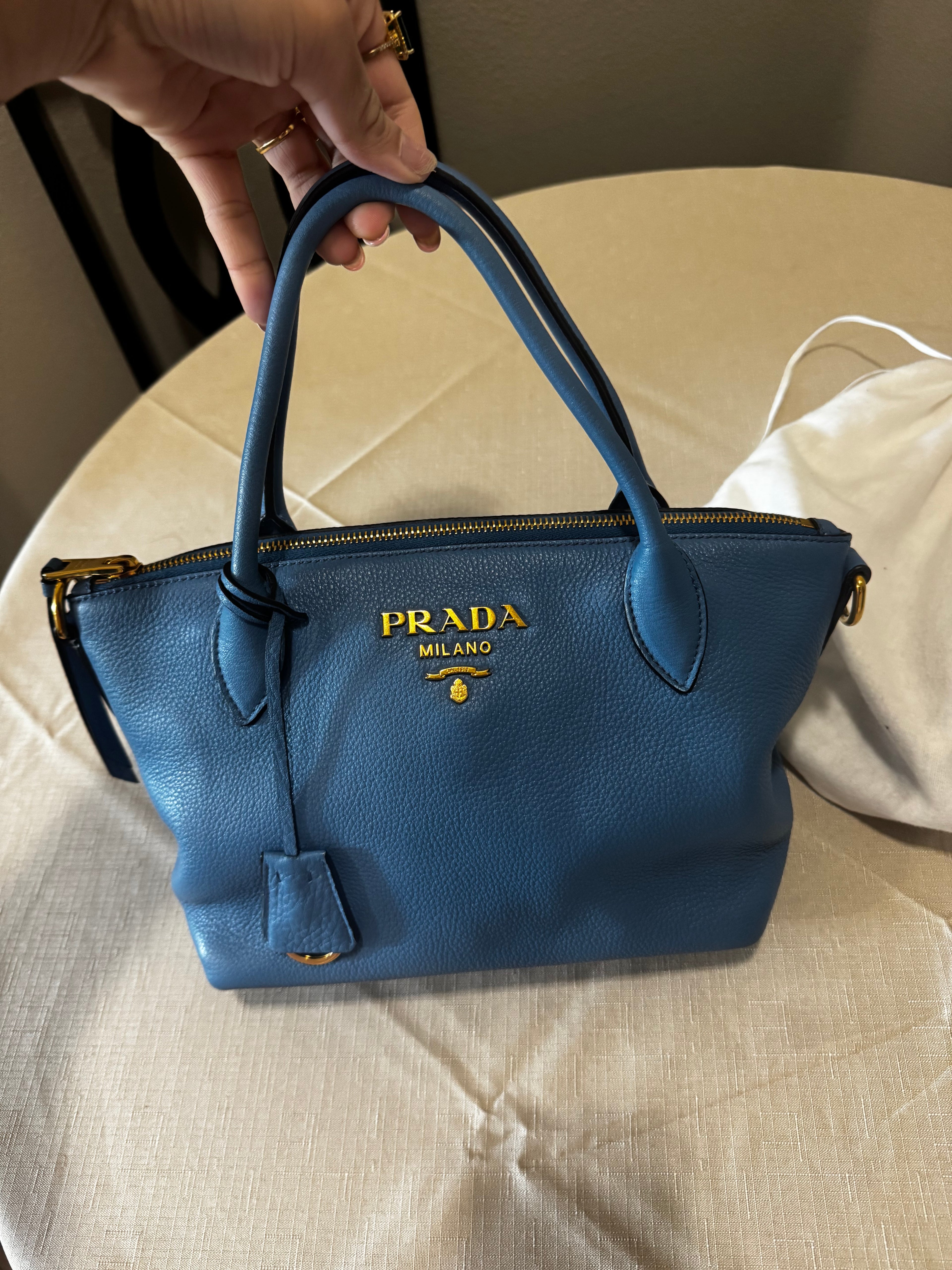 Blue Prada Vitello Daino Leather Tote