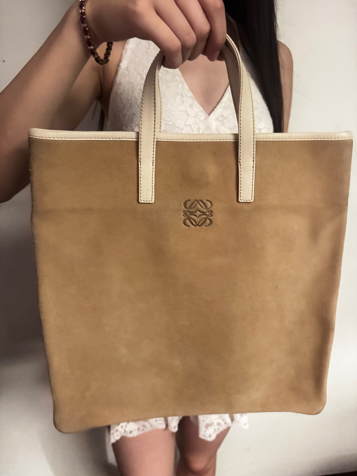 Vintage Loewe Suede Anagram Tote – Tan/Cream