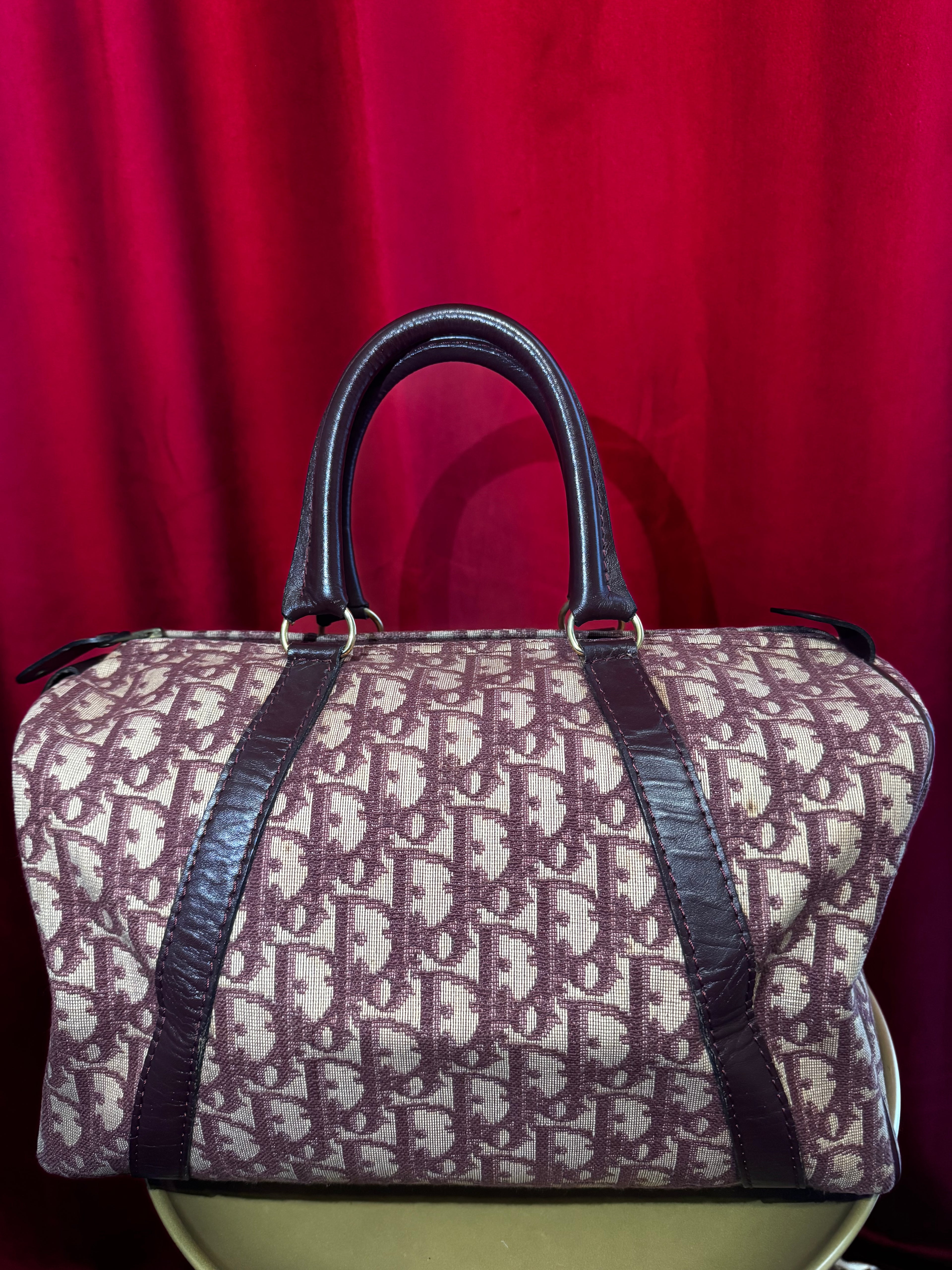 Vintage Dior Oblique Canvas Boston Bag in Burgundy
