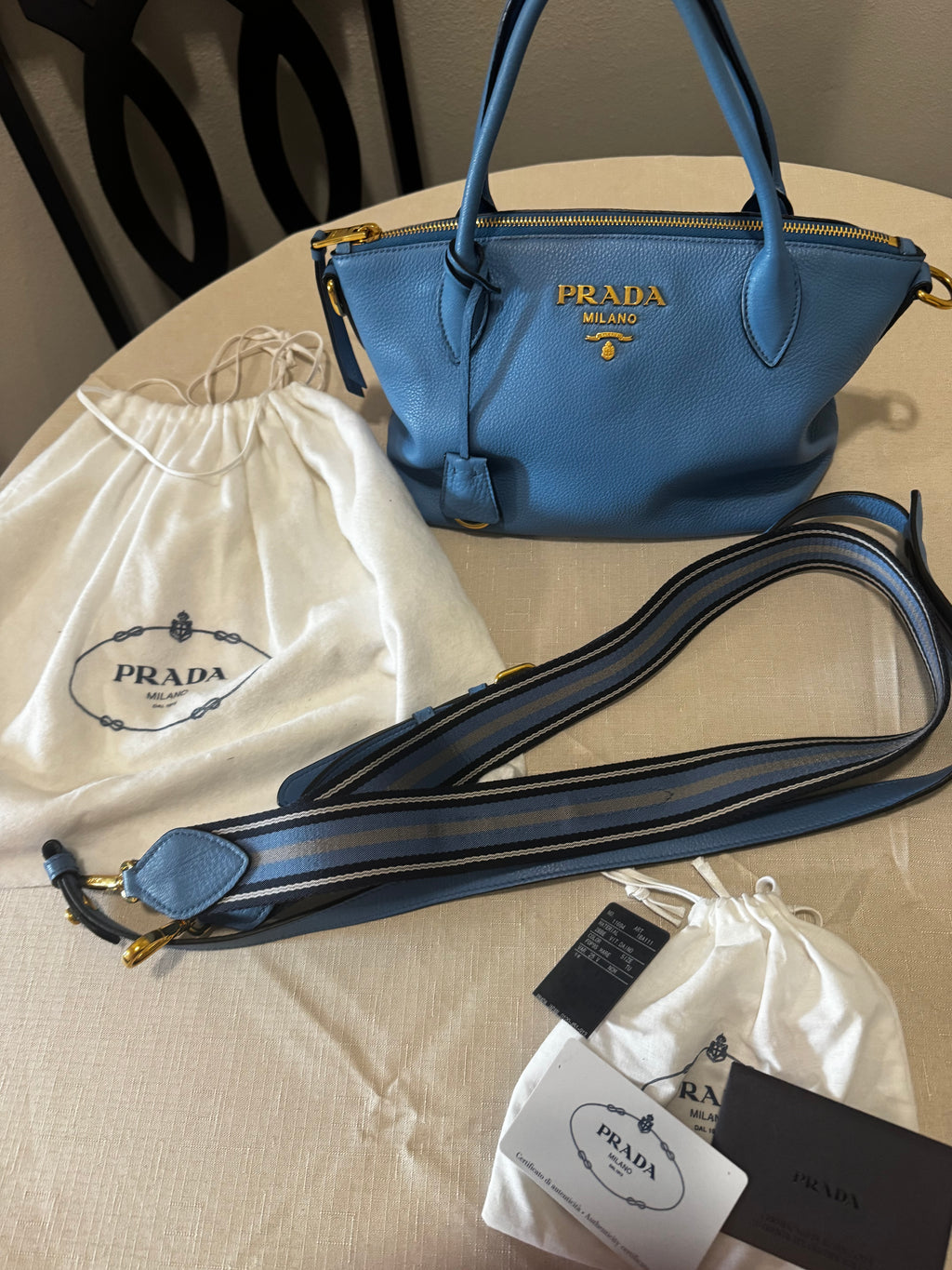 Blue Prada Vitello Daino Leather Tote