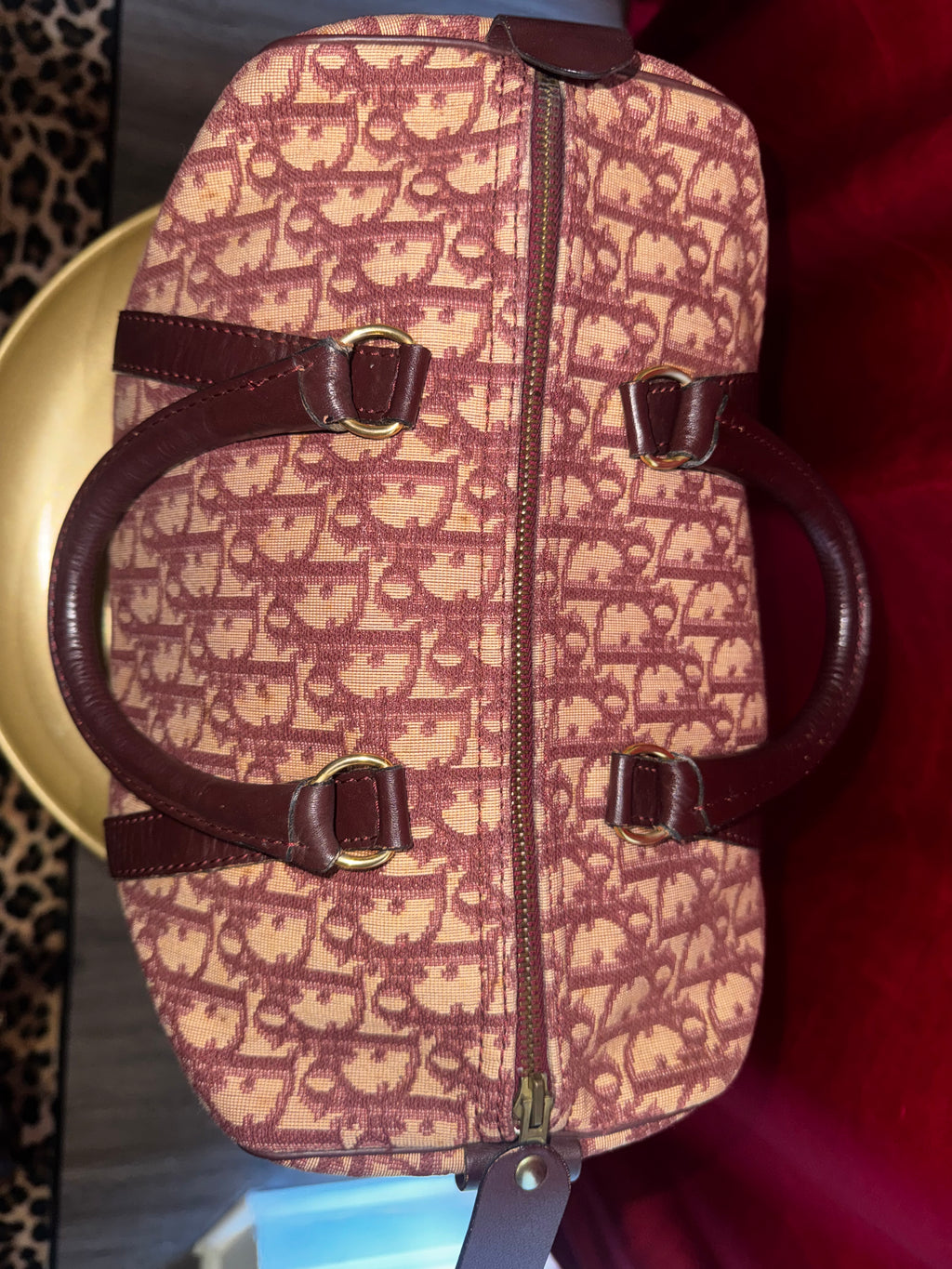 Vintage Dior Oblique Canvas Boston Bag in Burgundy