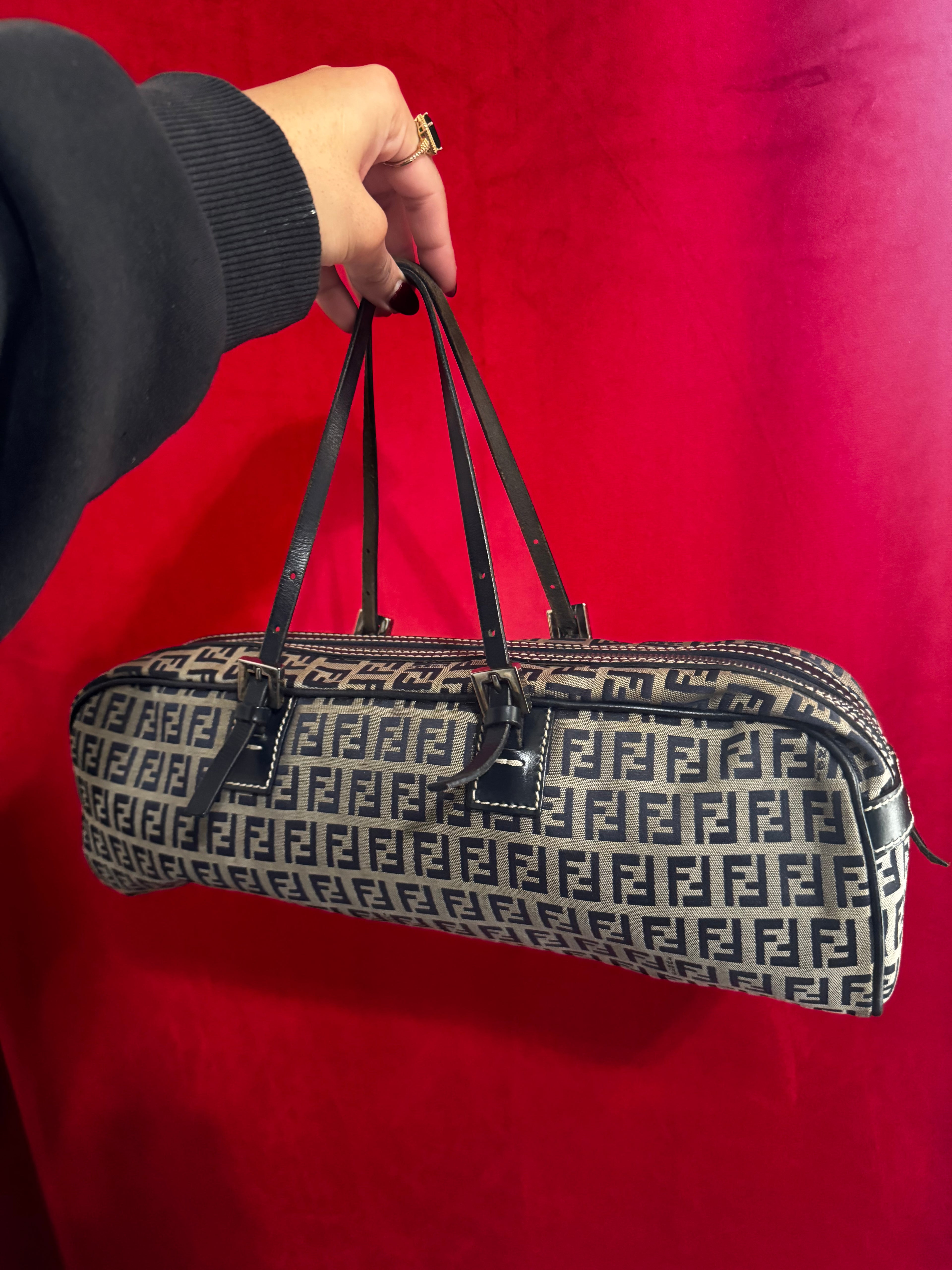 Vintage Fendi Zucca Canvas Barrel Shoulder Bag – Navy