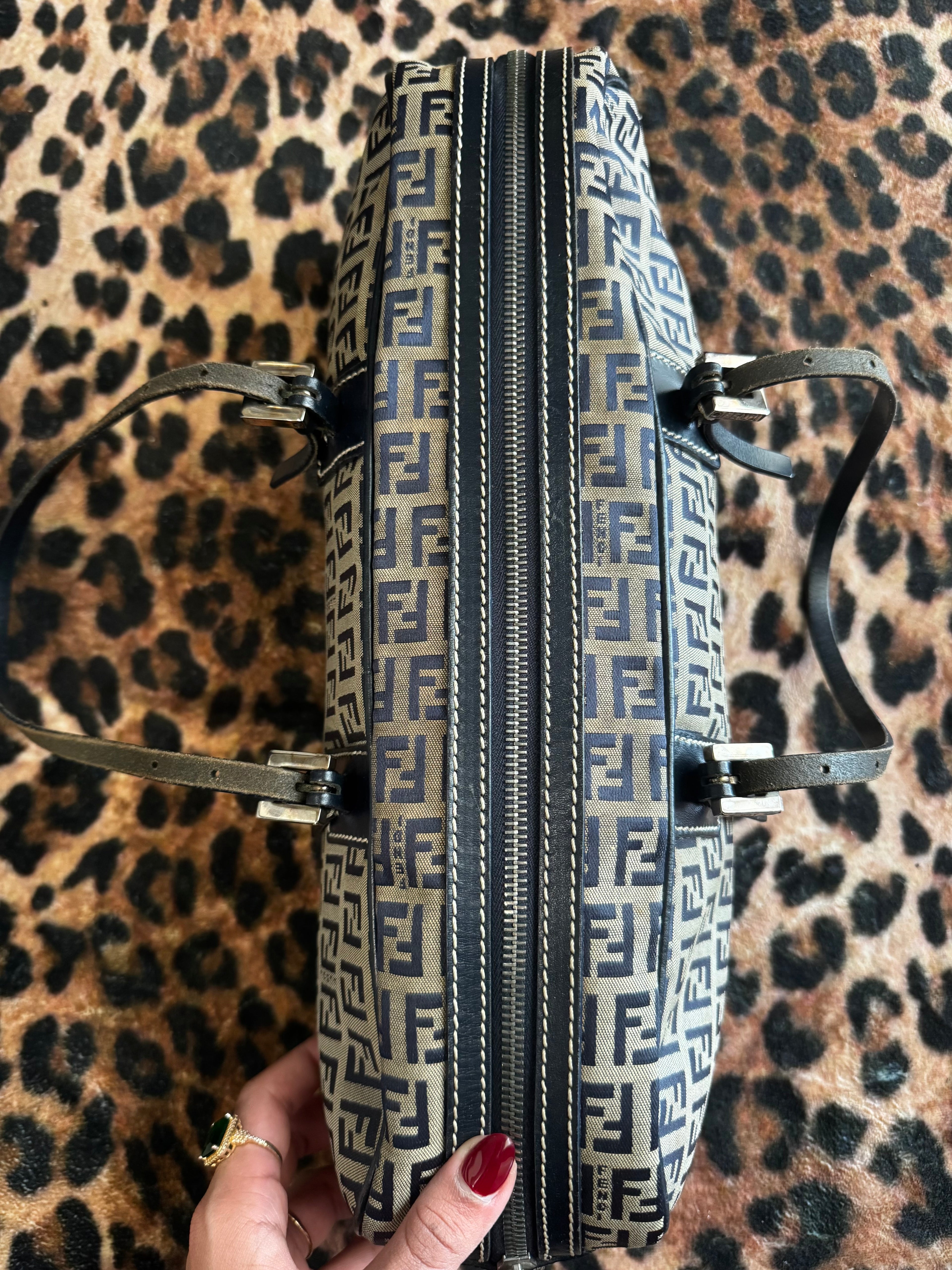 Vintage Fendi Zucca Canvas Barrel Shoulder Bag – Navy