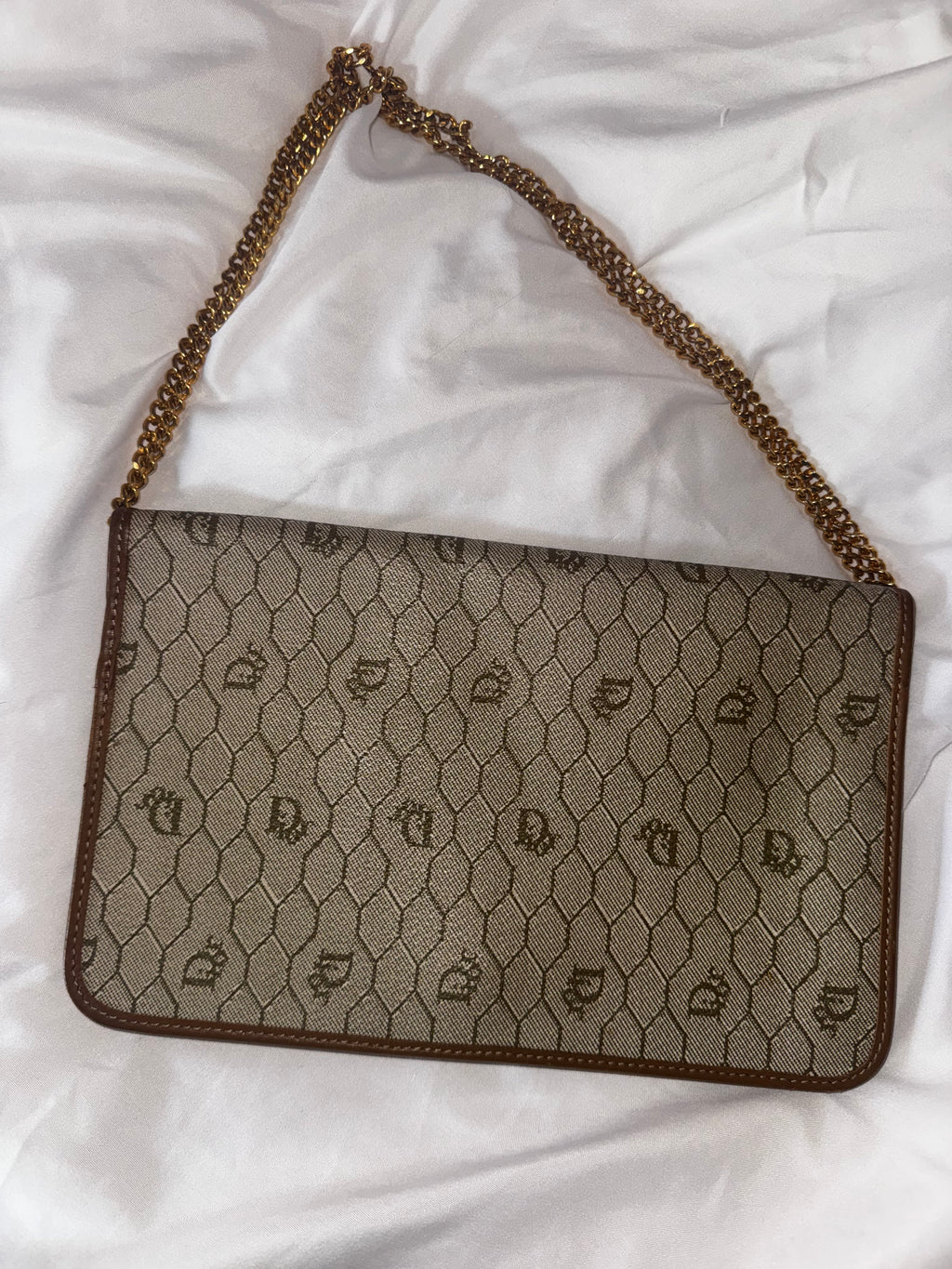 Vintage Dior Honeycomb Canvas Chain Shoulder Bag in Cream