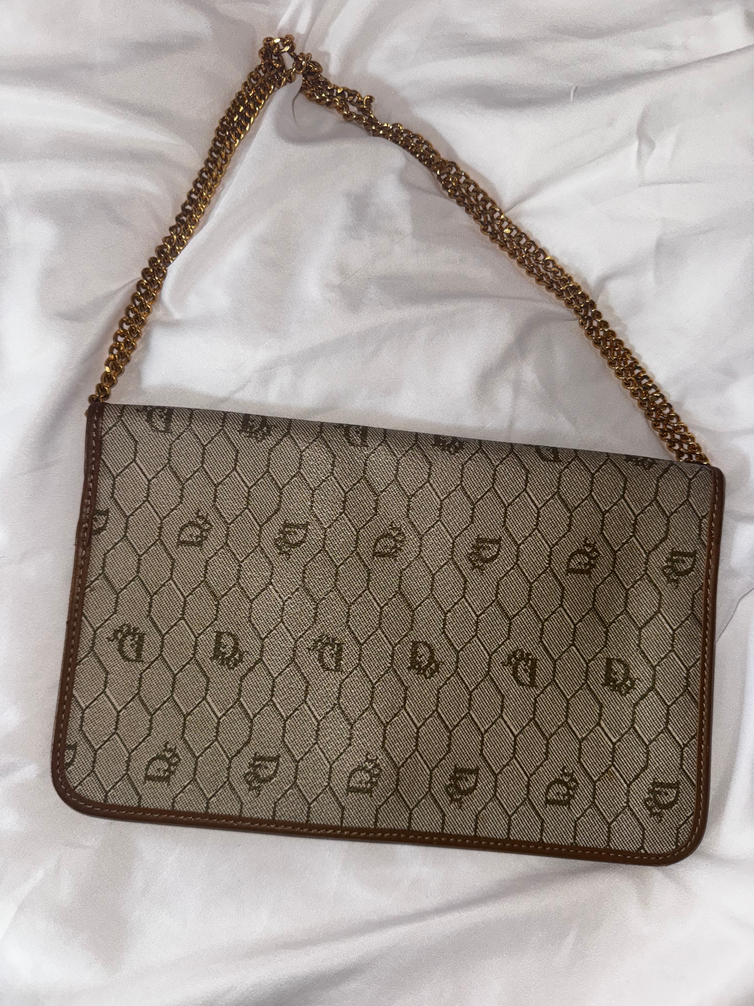 Vintage Dior Honeycomb Canvas Chain Shoulder Bag in Cream