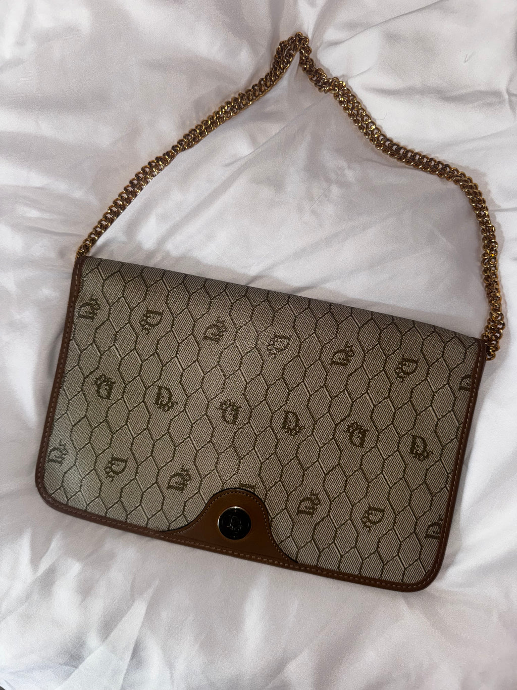 Vintage Dior Honeycomb Canvas Chain Shoulder Bag in Cream