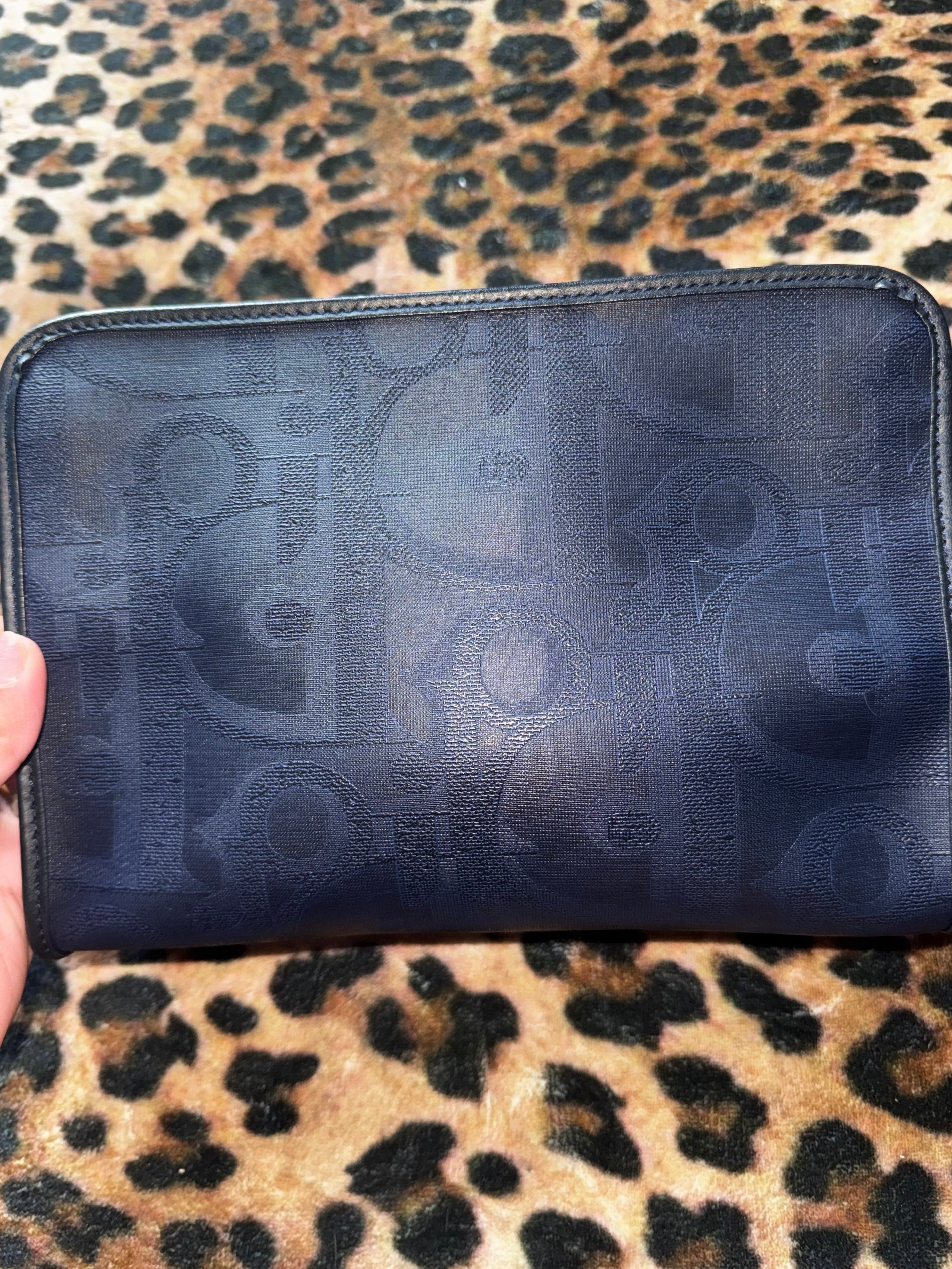 Vintage Dior Oblique Canvas Clutch in Blue with Logo Ring Detail