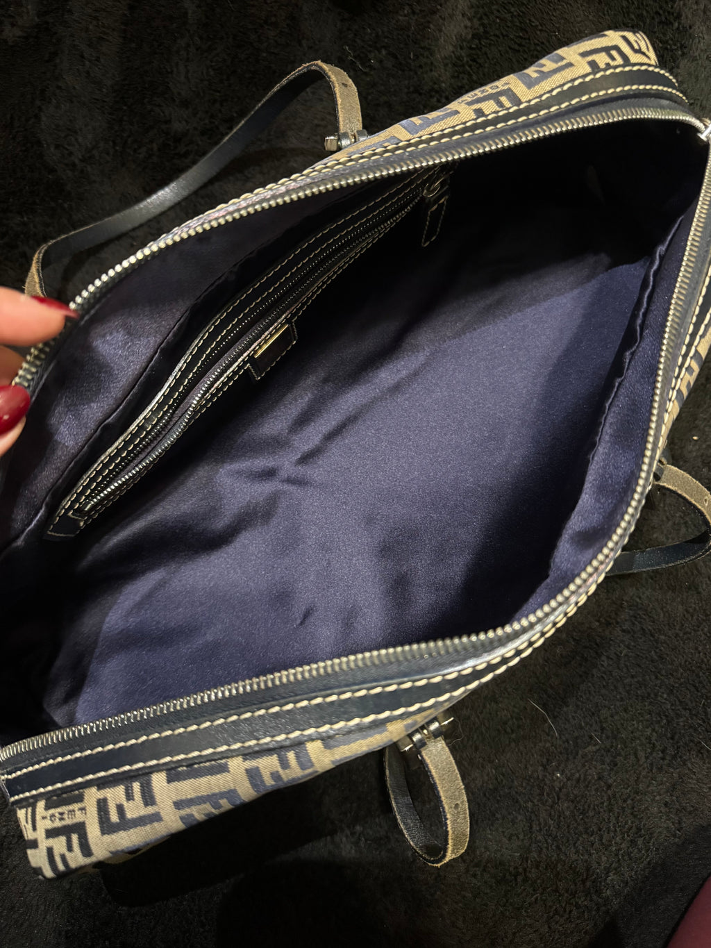 Vintage Fendi Zucca Canvas Barrel Shoulder Bag – Navy