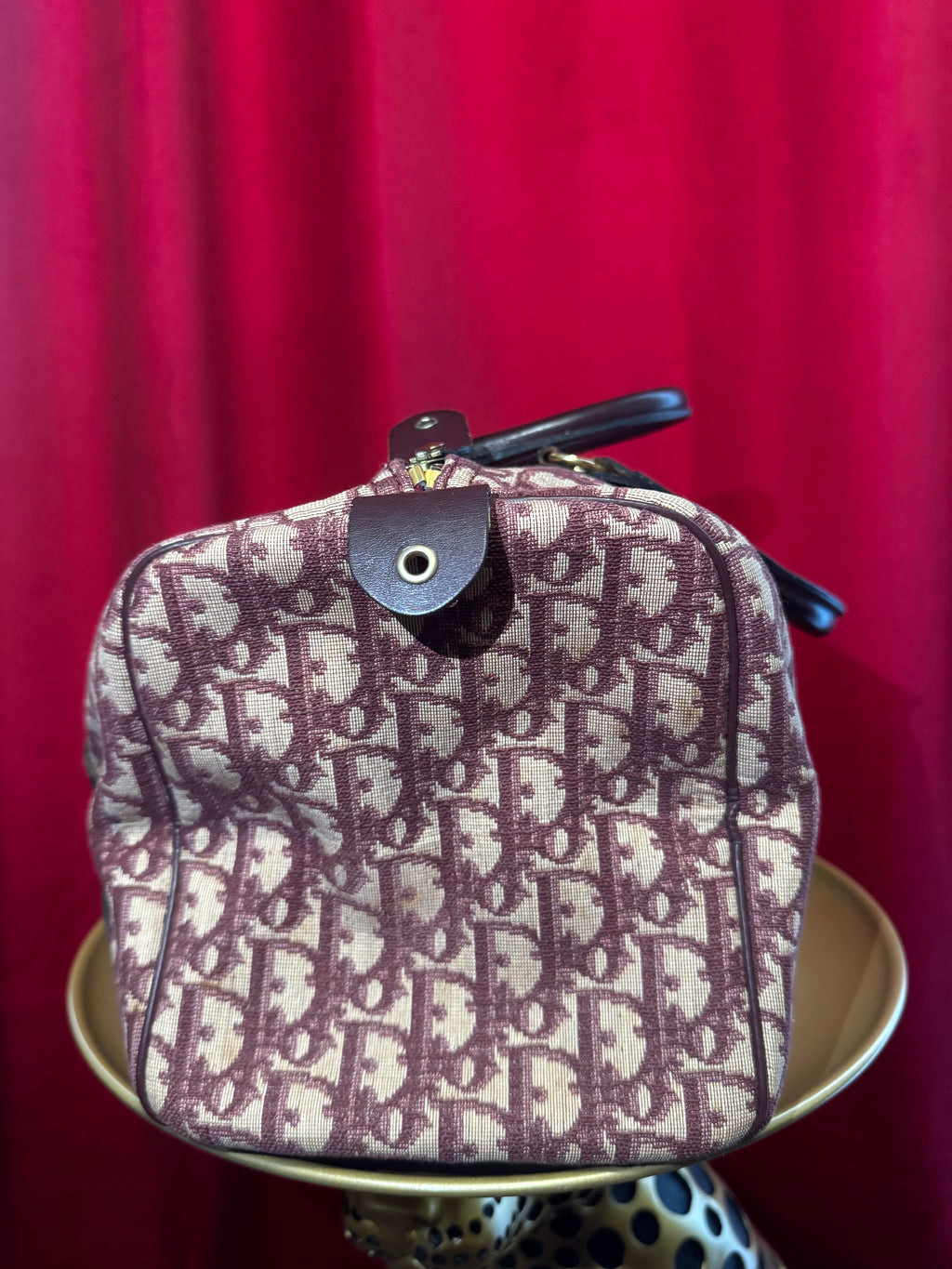 Vintage Dior Oblique Canvas Boston Bag in Burgundy