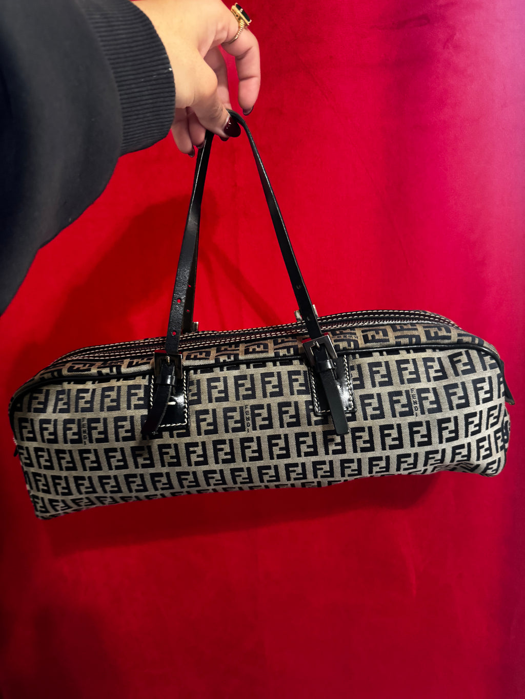 Vintage Fendi Zucca Canvas Barrel Shoulder Bag – Navy