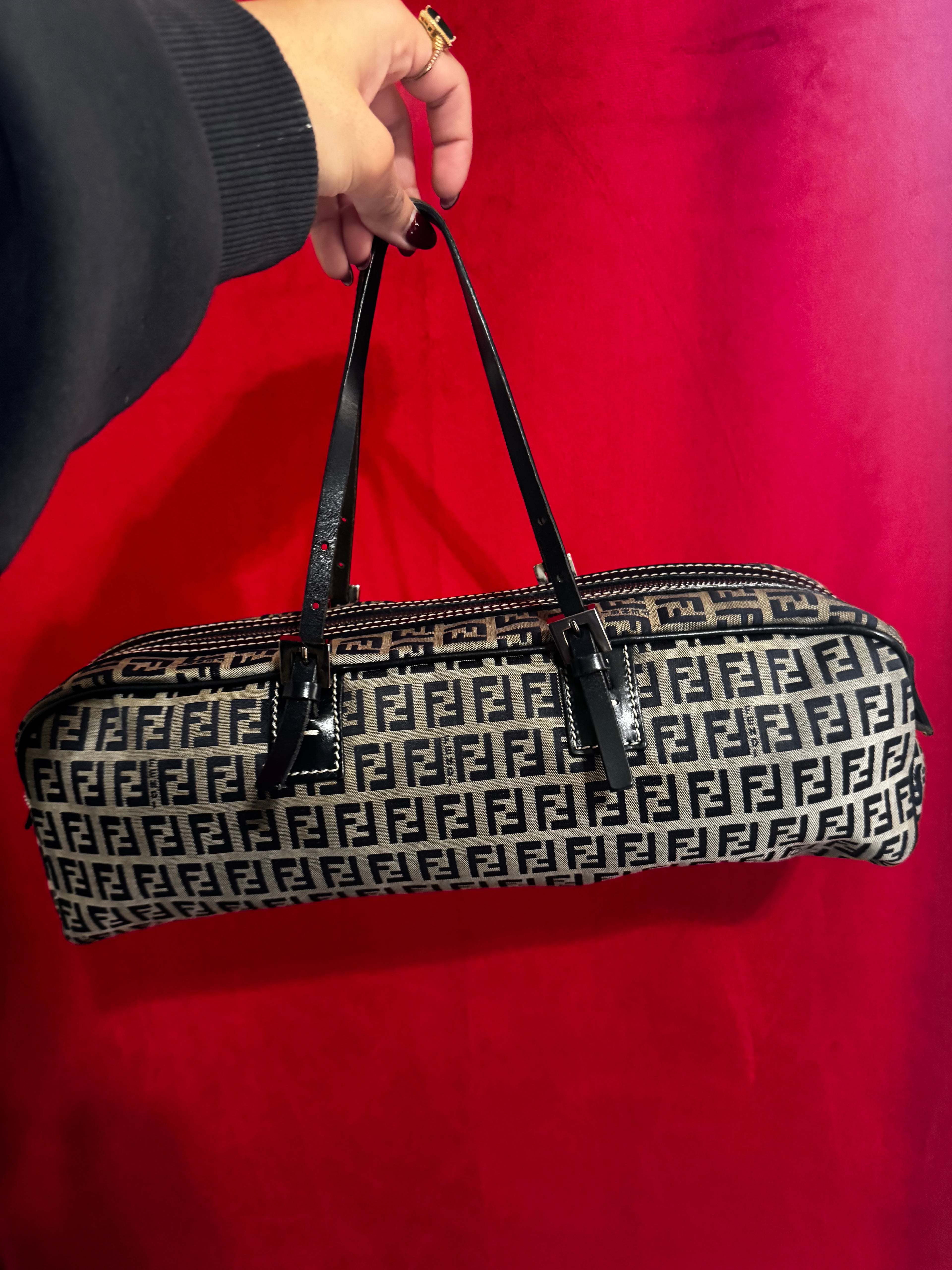 Vintage Fendi Zucca Canvas Barrel Shoulder Bag – Navy
